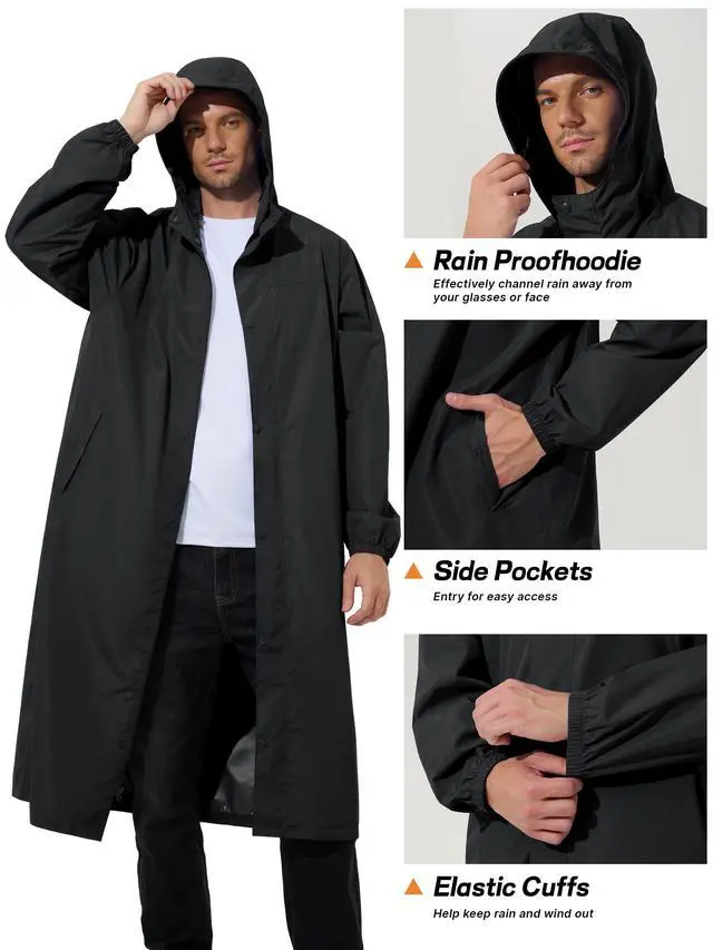 Alt view image 5 of 6 - Mens Long Rain Jacket Raincoat Waterproof Rain Poncho Black M