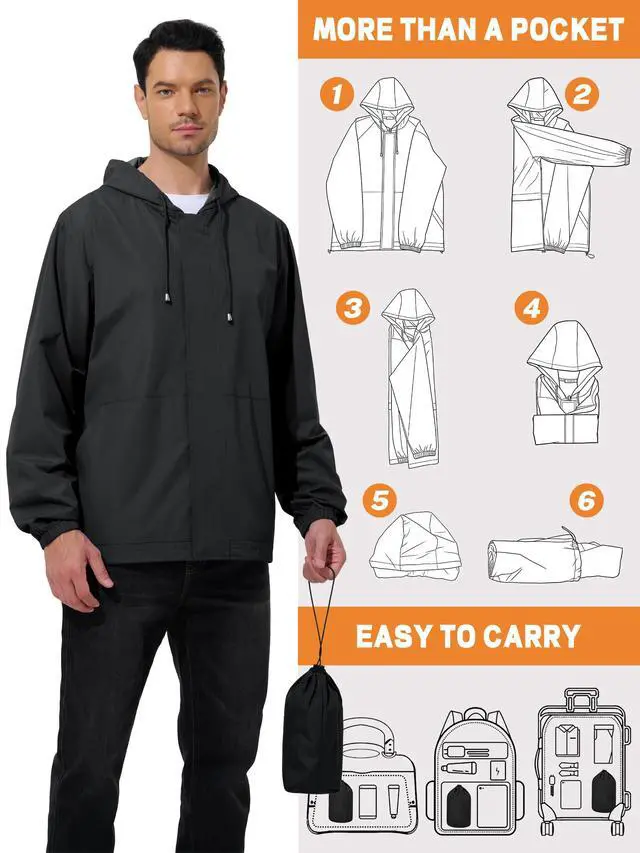 Alt view image 4 of 6 - Mens Waterproof Cycling Jacket Lightweight Rain Jacket Black L