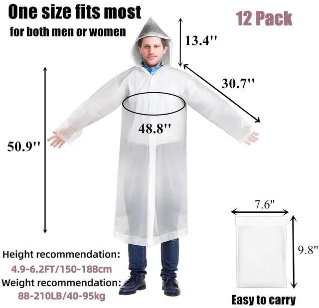 Alt view image 2 of 7 - 12 Pack Rain Ponchos for Adults, Reusable Raincoat with Drawstring Hood, Portable EVA Rain Jackets for Women Men, Waterproof Long Rain Cape, Emergency Poncho for Travel Camping Hiking Outdoor