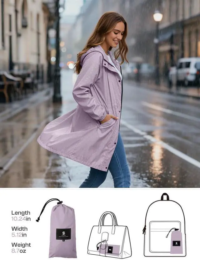 Alt view image 2 of 6 - Women's Lightweight Long Rain Jacket Packable Raincoat Hooded Outdoor Trench Coats (Light Purple, L)