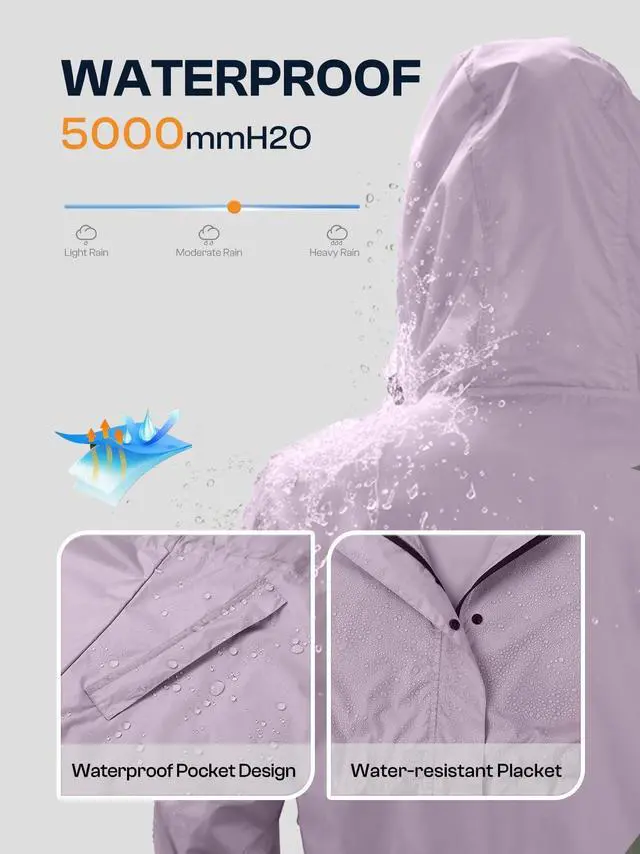 Alt view image 3 of 6 - Women's Lightweight Long Rain Jacket Packable Raincoat Hooded Outdoor Trench Coats (Light Purple, L)