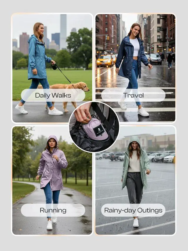 Alt view image 6 of 6 - Women's Lightweight Long Rain Jacket Packable Raincoat Hooded Outdoor Trench Coats (Light Purple, L)