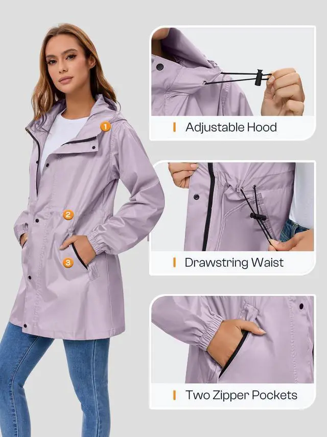 Alt view image 5 of 6 - Women's Lightweight Long Rain Jacket Packable Raincoat Hooded Outdoor Trench Coats (Light Purple, L)