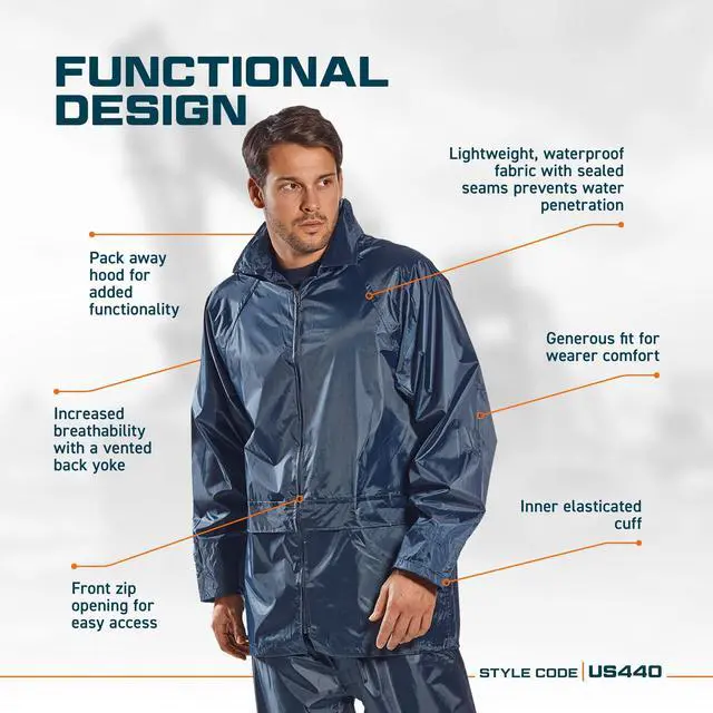 Alt view image 3 of 5 - US440 Classic Waterproof Rain Jacket wth Pack Away Hood & Sealed Seams, Black, 5XL