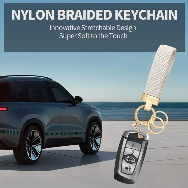 Alt view image 2 of 7 - Stretchy Car Keychain, Nylon Braided Cool Key Chain for Women Men, Universal Key Fob Holder with 3 Keyrings, Anti-Lost D-Ring, Car Accessories, Starlight