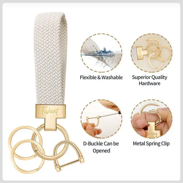 Alt view image 4 of 7 - Stretchy Car Keychain, Nylon Braided Cool Key Chain for Women Men, Universal Key Fob Holder with 3 Keyrings, Anti-Lost D-Ring, Car Accessories, Starlight