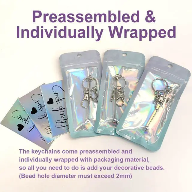 Alt view image 3 of 5 - 168 Pcs Beadable Keychain Bars Bulk Blank Beaded Keychain Making Kit DIY Bead Keychain Supplies 56 Metal Keychain Bars 56 Bags 56 Thank You Cards Included for Women, Men, Mother's Day, Birthday Gift