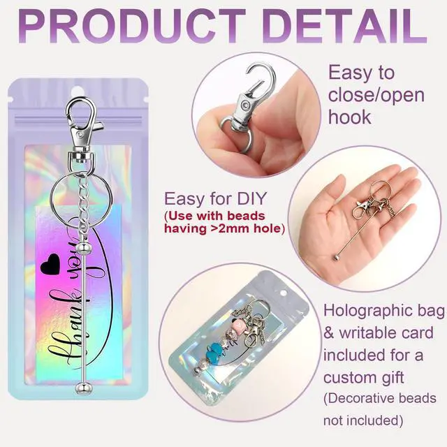 Alt view image 4 of 5 - 168 Pcs Beadable Keychain Bars Bulk Blank Beaded Keychain Making Kit DIY Bead Keychain Supplies 56 Metal Keychain Bars 56 Bags 56 Thank You Cards Included for Women, Men, Mother's Day, Birthday Gift