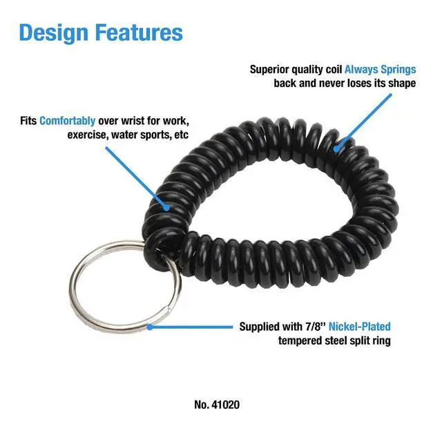 Alt view image 4 of 4 - 2 Diameter Spiral Wrist Coil with Steel Key Ring, Flexible Wrist Band Key Chain Bracelet, Stretches to 12, unisex-adult, Black, 1 PK (410201)