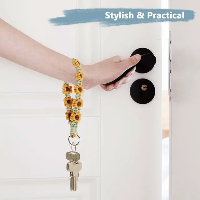 Alt view image 4 of 6 - Boho Macrame Keychain Wristlet Keychain Weave Exquisite Keyring Holder Bracelet Handmade Wrist Lanyard for Women (Yellow flower)