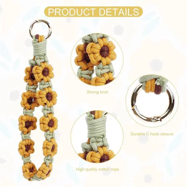 Alt view image 2 of 6 - Boho Macrame Keychain Wristlet Keychain Weave Exquisite Keyring Holder Bracelet Handmade Wrist Lanyard for Women (Yellow flower)