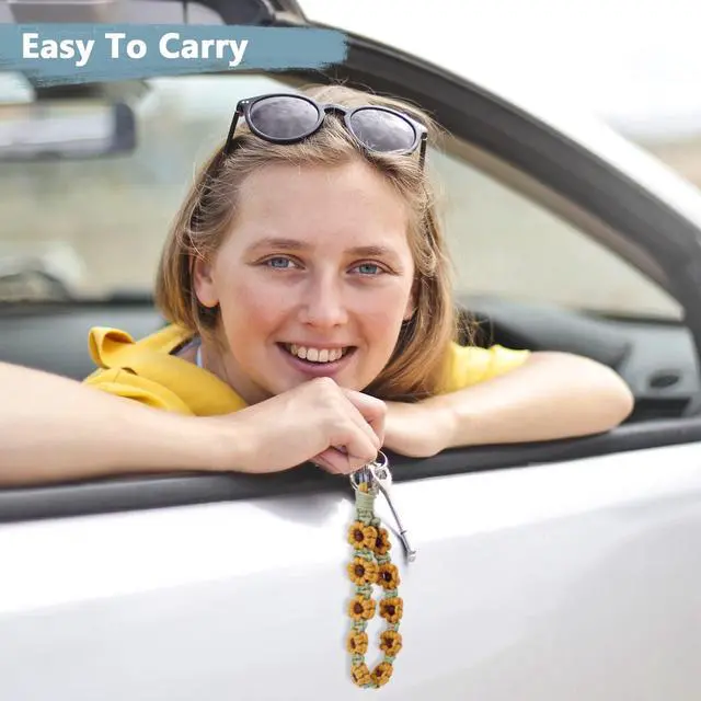 Alt view image 6 of 6 - Boho Macrame Keychain Wristlet Keychain Weave Exquisite Keyring Holder Bracelet Handmade Wrist Lanyard for Women (Yellow flower)