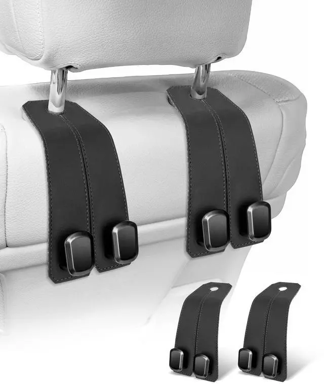 Main image of Car Hooks for Headrest, 2Pcs Seat Back Storage Hook Luxurious Leather 100% Metal Multifunctional Car Hanger & Holder for Heatrest, Seat, Bag, Purse (Black)