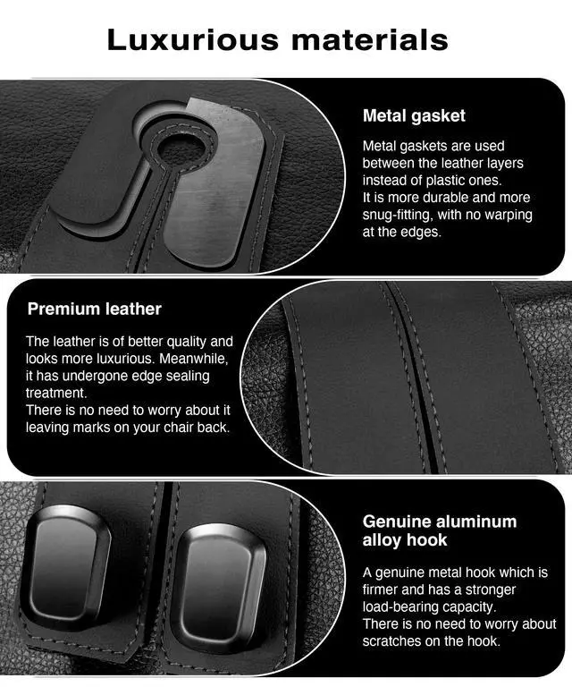 Alt view image 2 of 6 - Car Hooks for Headrest, 2Pcs Seat Back Storage Hook Luxurious Leather 100% Metal Multifunctional Car Hanger & Holder for Heatrest, Seat, Bag, Purse (Black)