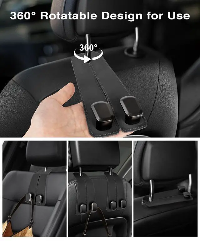 Alt view image 4 of 6 - Car Hooks for Headrest, 2Pcs Seat Back Storage Hook Luxurious Leather 100% Metal Multifunctional Car Hanger & Holder for Heatrest, Seat, Bag, Purse (Black)