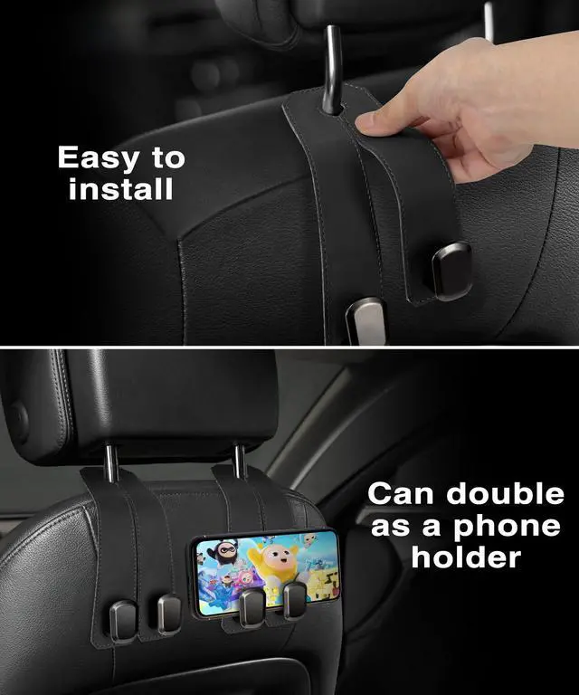 Alt view image 5 of 6 - Car Hooks for Headrest, 2Pcs Seat Back Storage Hook Luxurious Leather 100% Metal Multifunctional Car Hanger & Holder for Heatrest, Seat, Bag, Purse (Black)