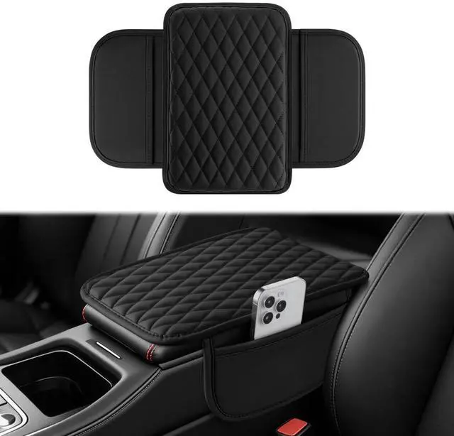 Main image of Car Center Console Cover, Upgraded Leather Car Armrest Cushion with 2 Storage Pockets, Universal Waterproof Cushion Pad, Non-Slip Car Interior Accessories, Fits Most Sedans SUVs Trucks (Black)