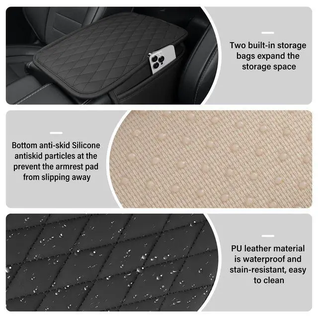 Alt view image 3 of 6 - Car Center Console Cover, Upgraded Leather Car Armrest Cushion with 2 Storage Pockets, Universal Waterproof Cushion Pad, Non-Slip Car Interior Accessories, Fits Most Sedans SUVs Trucks (Black)