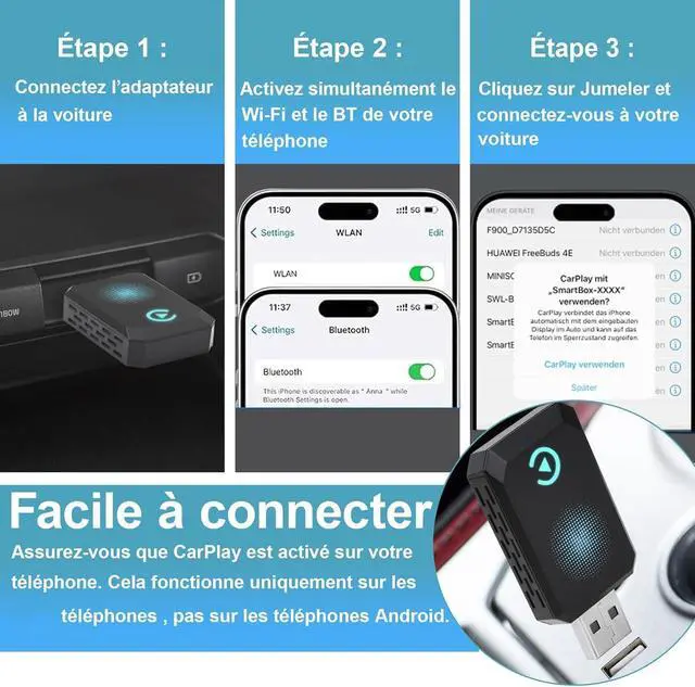 Alt view image 3 of 7 - Wireless Carplay Adapter, Convert Wired to Wireless CarPlay, Compatible with CarPlay, Plug and Play, Type-C/USB, Suitable for 800+ Vehicles (Blue)