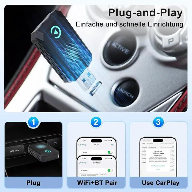 Alt view image 4 of 7 - Wireless Carplay Adapter, Convert Wired to Wireless CarPlay, Compatible with CarPlay, Plug and Play, Type-C/USB, Suitable for 800+ Vehicles (Blue)