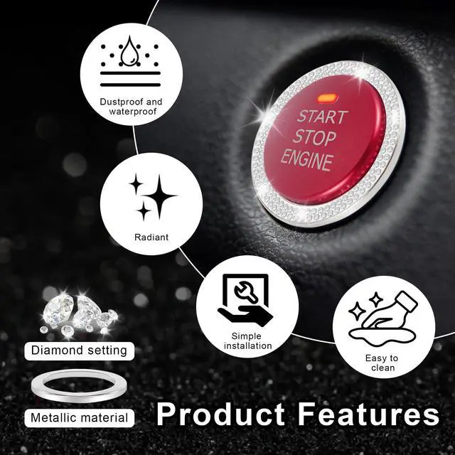 Alt view image 5 of 6 - 2 PCS Crystal Double Rhinestone Car Engine Start Stop Decoration Ring, Bling Car Interior Accessories for Women, Push to Start Button Cover Sticker, Automotive Decals, White