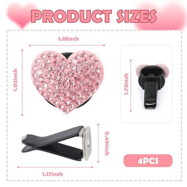 Alt view image 2 of 7 - 4PCS Heart-Shaped Car Vent Clips with Rhinestone,Bling Air Vent Clips Car Decorations,Premium Shiny Car Clips for Vents CCar Accessories Interior for Cars,Trucks,SUVs (Pink)