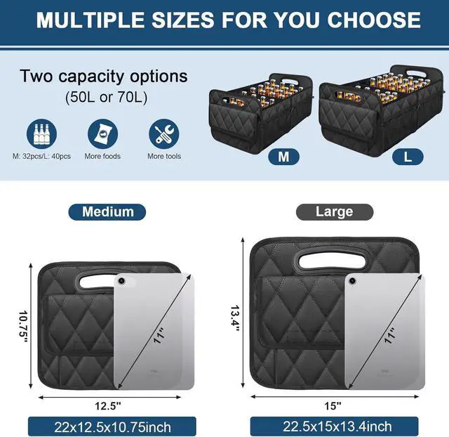 Alt view image 2 of 7 - Car Trunk Organizer for SUV, Car Organizers and Storage with Reinforced Handles, Car Accessories for Women/Men 50LWaterproof Polyester Trunk Organizer, Black