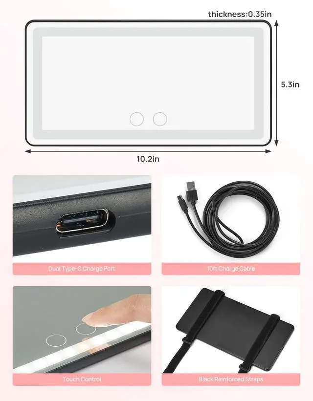 Alt view image 5 of 7 - Car Sun Visor Vanity Mirror with Lights, 3 Light Modes & 60 LEDs, Rechargeable Dimmable Touch Control Travel Makeup Mirror for Truck SUV