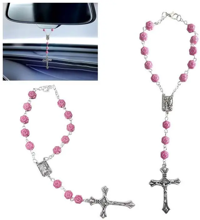 Main image of 2PCS Car Rosary for Rearview Mirror, Pink Rose Rosary Pendant