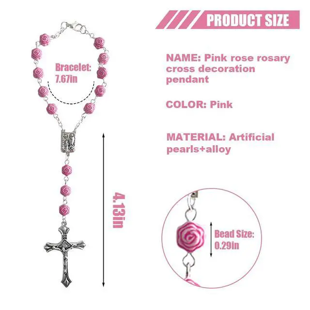 Alt view image 2 of 6 - 2PCS Car Rosary for Rearview Mirror, Pink Rose Rosary Pendant