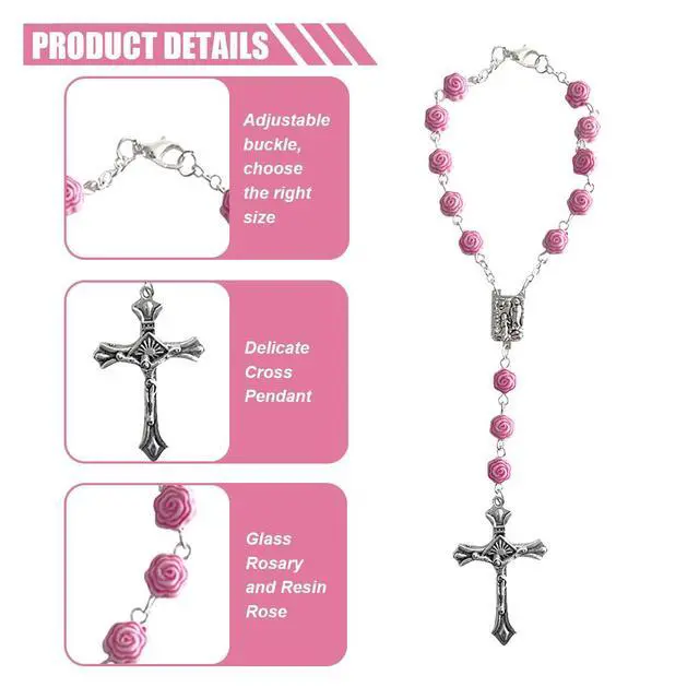Alt view image 3 of 6 - 2PCS Car Rosary for Rearview Mirror, Pink Rose Rosary Pendant