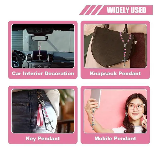 Alt view image 4 of 6 - 2PCS Car Rosary for Rearview Mirror, Pink Rose Rosary Pendant