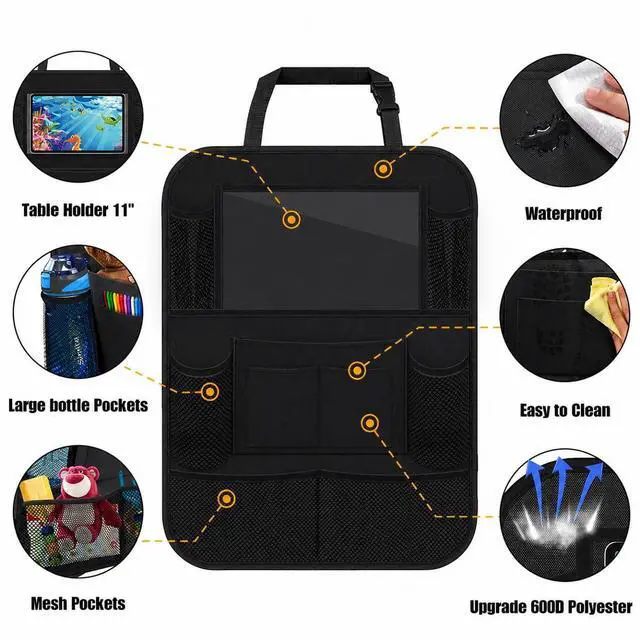 Alt view image 2 of 7 - Car Backseat Organizer with 10" Table Holder, 9 Storage Pockets Seat Back Protectors Kick Mats for Kids Toddlers, Travel Accessories, 2 Pack (Black)