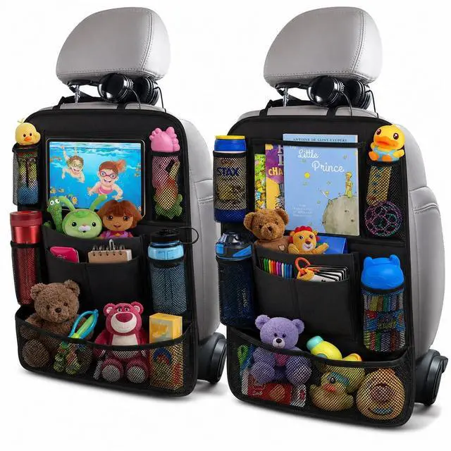 Main image of Car Backseat Organizer with 10" Table Holder, 9 Storage Pockets Seat Back Protectors Kick Mats for Kids Toddlers, Travel Accessories, 2 Pack (Black)