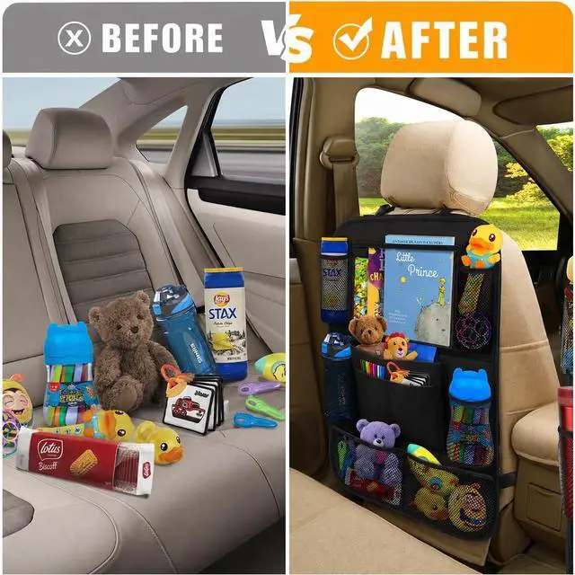 Alt view image 3 of 7 - Car Backseat Organizer with 10" Table Holder, 9 Storage Pockets Seat Back Protectors Kick Mats for Kids Toddlers, Travel Accessories, 2 Pack (Black)