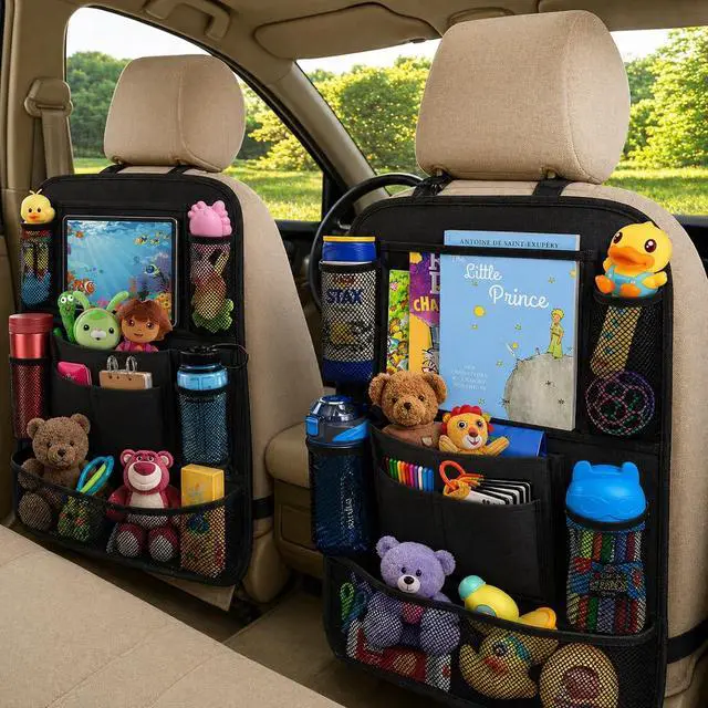 Alt view image 4 of 7 - Car Backseat Organizer with 10" Table Holder, 9 Storage Pockets Seat Back Protectors Kick Mats for Kids Toddlers, Travel Accessories, 2 Pack (Black)