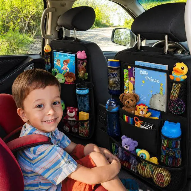 Alt view image 7 of 7 - Car Backseat Organizer with 10" Table Holder, 9 Storage Pockets Seat Back Protectors Kick Mats for Kids Toddlers, Travel Accessories, 2 Pack (Black)