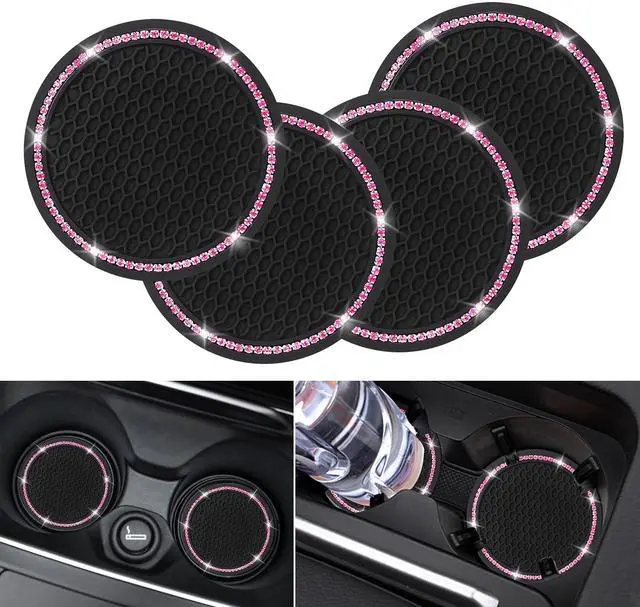 Main image of 4 Pack Car Coasters, Universal Vehicle Bling Car Coaster, Cute Rhinestone Coaster for Cup Holders,Interior Accessories 2.75'' Silicone Anti Slip Car Coasters for Women (Pink Crystal Circle)