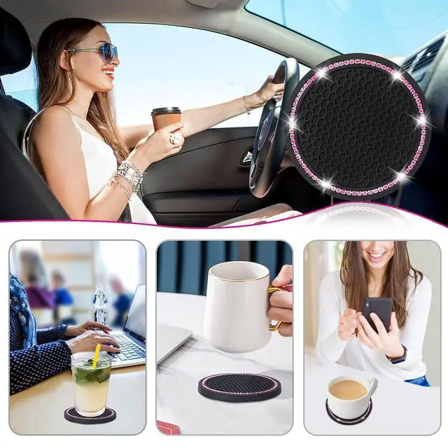 Alt view image 7 of 7 - 4 Pack Car Coasters, Universal Vehicle Bling Car Coaster, Cute Rhinestone Coaster for Cup Holders,Interior Accessories 2.75'' Silicone Anti Slip Car Coasters for Women (Pink Crystal Circle)