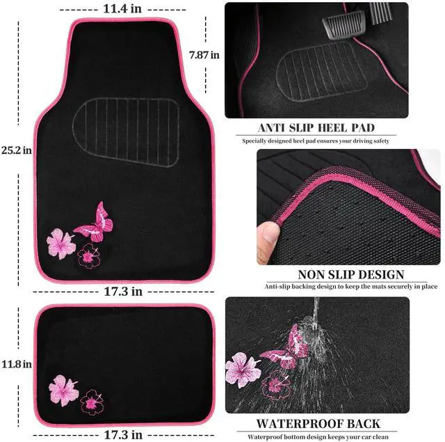 Alt view image 3 of 7 - Embroidery Butterfly and Flower Car Floor Mats, Pink Car Floor Mats Universal Fit 95% Automotive,SUVS,Sedan,Vans,for Cute Women,Girly,Set of 4 (Black with Pink)