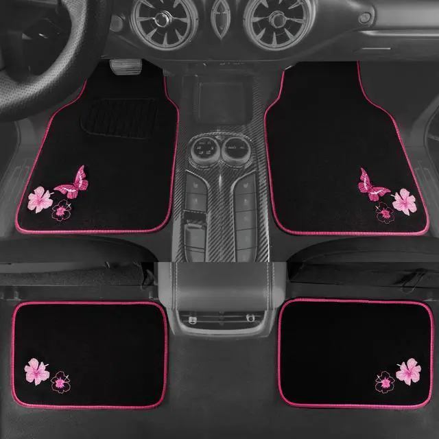 Alt view image 4 of 7 - Embroidery Butterfly and Flower Car Floor Mats, Pink Car Floor Mats Universal Fit 95% Automotive,SUVS,Sedan,Vans,for Cute Women,Girly,Set of 4 (Black with Pink)