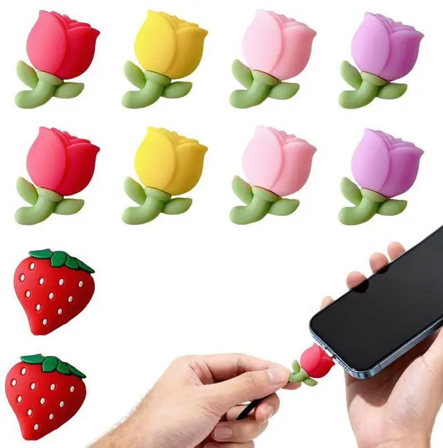 Main image of 10pcs Flower Phone Charger Protector Cute Strawberry USB Charger Cable Protectors Mobile Phone Charger End Cord Protector for Most Cellphone Data Lines