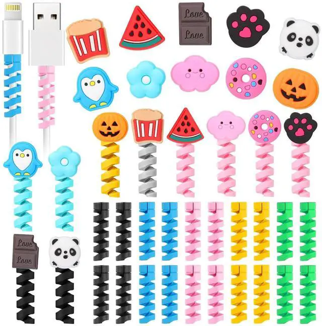 Main image of 40 Pieces Colorful Cartoon Charger Cable Protectors USB Charger Saver Silicone Buddies Flexible Cable Wire Protectors Cute for Most Cellphone Data Lines Chargers Accessory, Various Styles