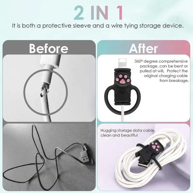 Alt view image 4 of 7 - Cable Protector for iPhone Charger, Silicone Charger Cord Protector Cute Black Cat Claws Wire Protector 2 in 1 Flexible Cable Protectors for Cords Anti-Break Charging Cable Cord Saver Winder