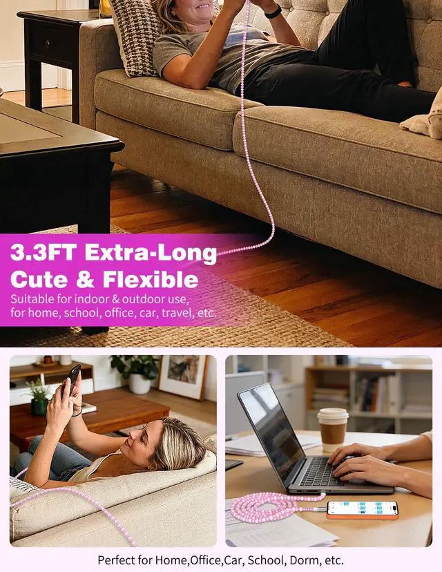 Alt view image 3 of 7 - 3FT USB-A to USB-C Fast Charging Cable Beaded &Data Sync Women Girl