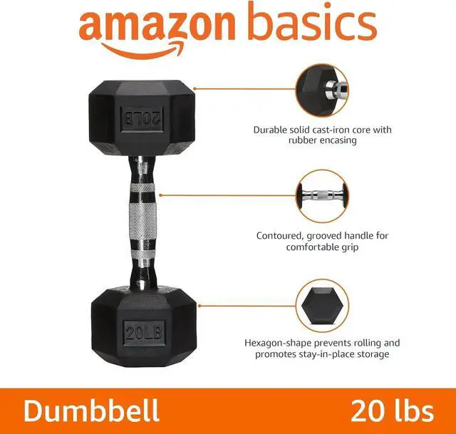 Alt view image 2 of 6 - Rubber Hex Dumbbell with Comfortable Handle for Home Gym Workout, 20 Pounds, Single, Black