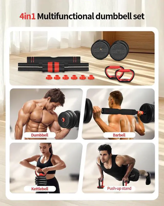 Alt view image 4 of 7 - Adjustable Dumbbells,20/30/40/60/80lbs Free Weight Set with Connector, 4 in1 Dumbbells Set as Barbell/Kettlebells/Push up Stand, Fitness Workout Equipment for Home Gym for Youth,Women/Men