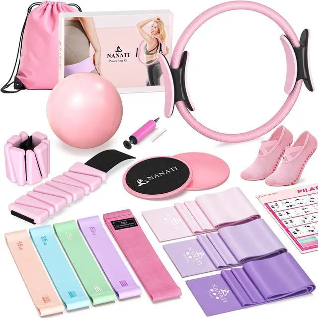 Main image of Pilates Kit with Ankle Weights, Pilates Essentials Kit for Women, Pilates Equipment with 14.5" Pilates Ring and Ball, Resistance Bands, Core Sliders & Grip Socks for Home Workouts (Pink)