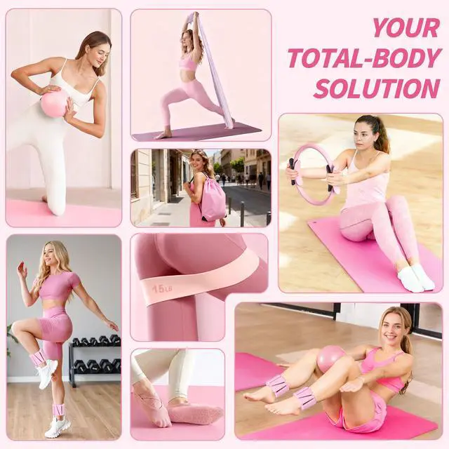 Alt view image 2 of 7 - Pilates Kit with Ankle Weights, Pilates Essentials Kit for Women, Pilates Equipment with 14.5" Pilates Ring and Ball, Resistance Bands, Core Sliders & Grip Socks for Home Workouts (Pink)