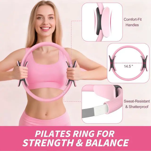 Alt view image 3 of 7 - Pilates Kit with Ankle Weights, Pilates Essentials Kit for Women, Pilates Equipment with 14.5" Pilates Ring and Ball, Resistance Bands, Core Sliders & Grip Socks for Home Workouts (Pink)